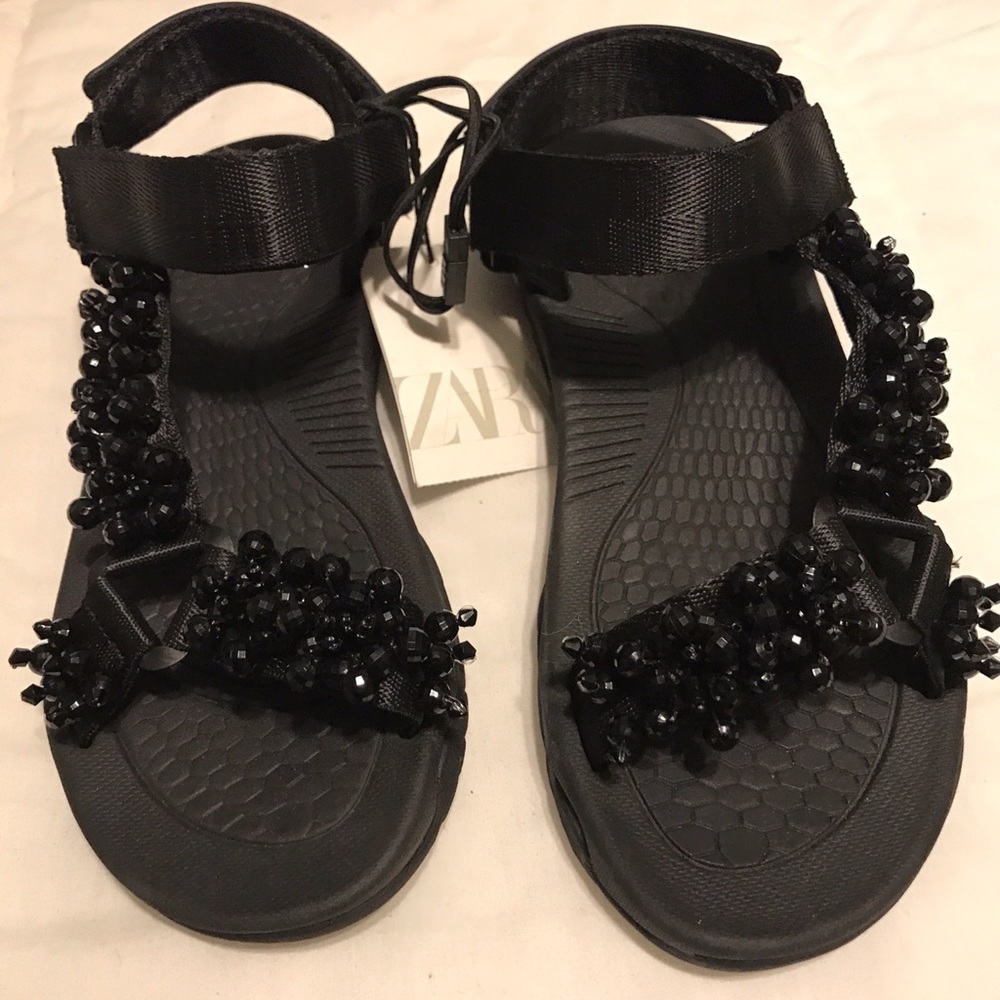 Zara Beaded Black Dad Sandals Size 6 NWOB